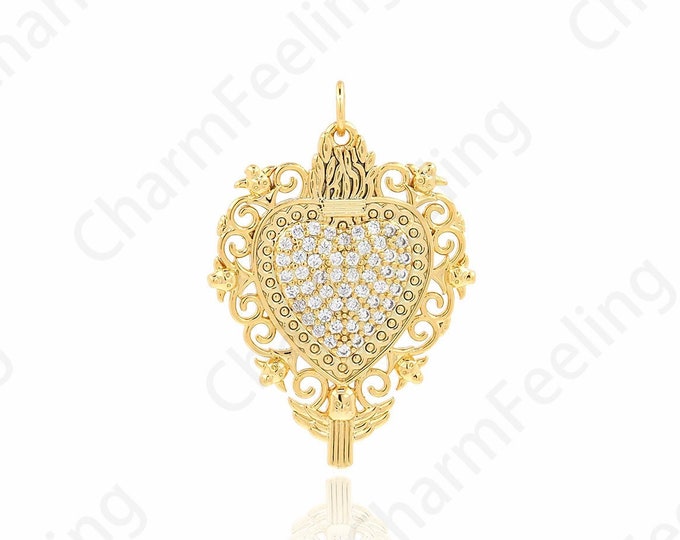 18K Gold Filled Crystal Heart Pendant,Heart Charm, Micropavé CZ Love Necklace, Love Charm, DIY Jewelry Accessories,35x24x2.8mm