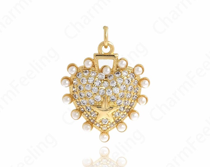 Pearl Heart Pendant,Love Charm, Micropavé CZ Heart Pendant, 18K Gold Filled Love Necklace, Gift for Her, DIY Jewelry Accessories,26.5x20x4mm