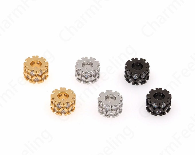 Micropave CZ  Cylinder spacer Beads,18K Gold Filled Round Beads,Large Hole bead,Cubic Zirconia Gold Spacer Beads,7x4.5mm
