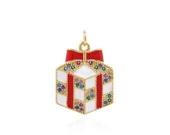 18K Gold Filled Christmas Pendant,Christmas Charm,Micropavé CZ Enamel Pendant,Gift Charm,Holiday Necklace,DIY Jewelry Accessories,21x15x3mm