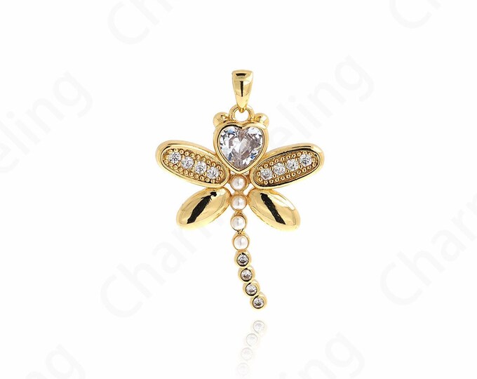 Pearl Charm, 18K Gold Filled Wings Necklace, Micropavé CZ Dragonfly Pendant, Insect Charm,DIY Jewelry Making Supplies,34x23x3mm
