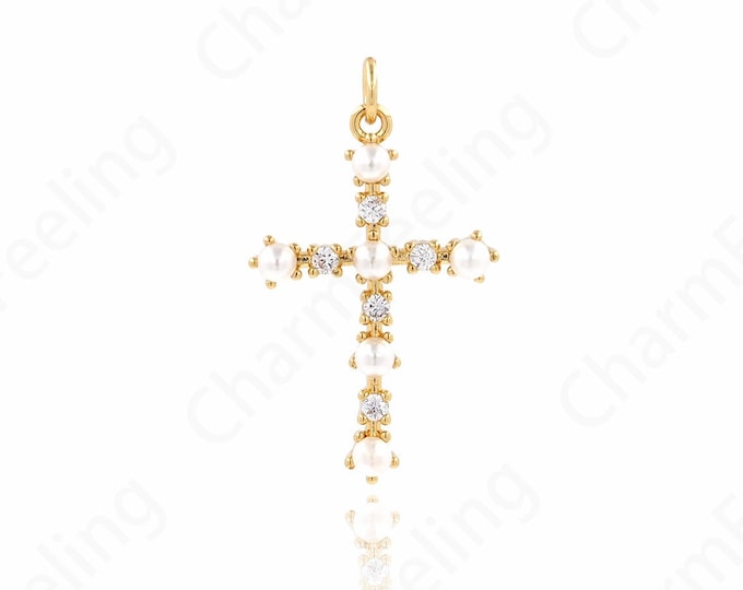 Pearl Cross Necklace, Micropavé CZ Cross Pendant, Religious Charm, 18K Gold Filled Faith Charm, DIY Jewelry Accessories, 30.7x18.5x4.5mm