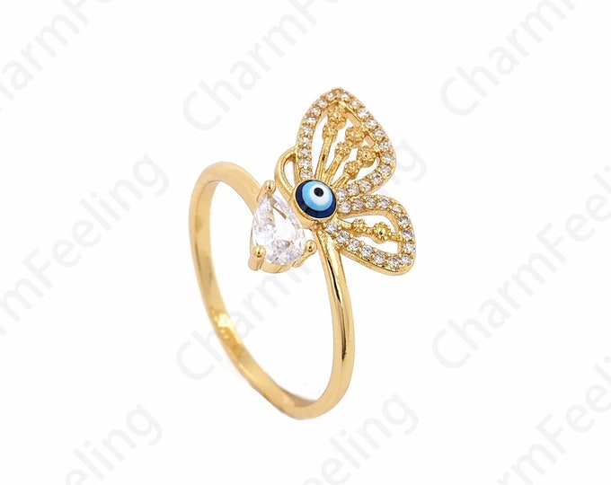 Enamel Eye Rings, Micropavé CZ Butterfly Rings, Adjustable Rings, 18k Gold Filled Insect Rings, Gold Split Rings, Gift for Her,