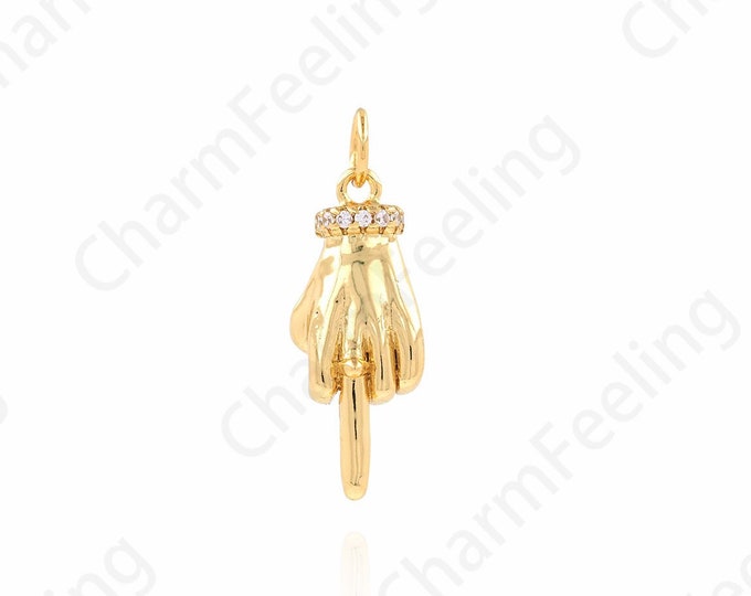 Middle Finger Pendant, Despise Charm, 18K Gold Filled Gesture Pendant, Micropavé CZ Hand Pendant, DIY Jewelry Supplies, 9x24.5x5.5mm