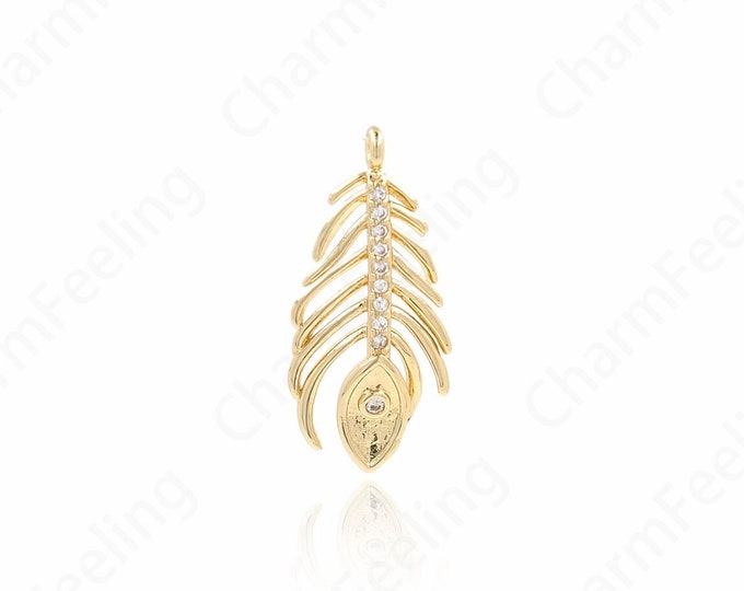 Fish Bone Pendant, 18K Gold Filled Marine Life Charm, Micropavé CZ Fish Necklace, Fish Bone Charm, DIY Jewelry Supplies, 26.5x12x2mm