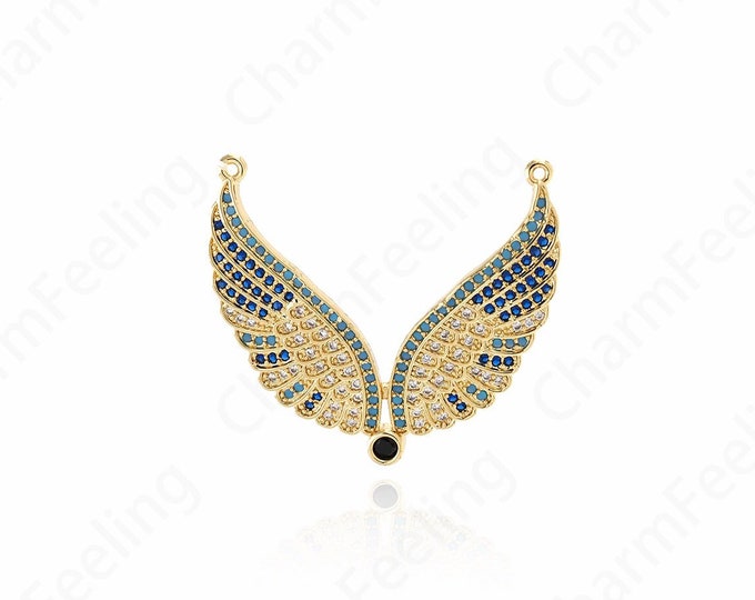 Wings Pendant, Micropavé CZ Flying Charm, 18K Gold Filled Angel Charm, Angel Necklace, DIY Jewelry Supplies, 30x33x3mm
