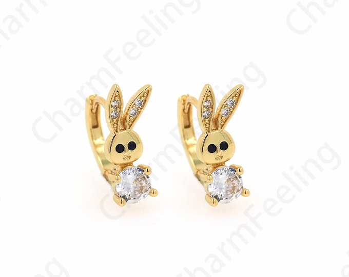 18K Gold Filled Cute Earrings, Rabbit Stud Earrings, Micropavé CZ Rabbit Charm, Animal Earrings, DIY Jewelry Supplies, 16.5x14.8x5.5mm