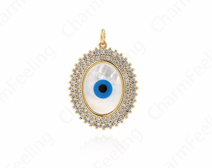 Oval Pendant, Eye Charm, 18K Gold Filled Lucky Eye Pendant, Micropavé CZ Eye Necklace, DIY Jewelry Supplies, 37.5x26x4.5mm