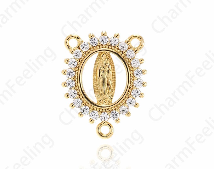 Micropavé Cubic Zirconia Strip Pendant, Virgin Mary Pendant, 18K Gold Filled Virgin Necklace, DIY Jewelry Components 15.6x20x2.2mm