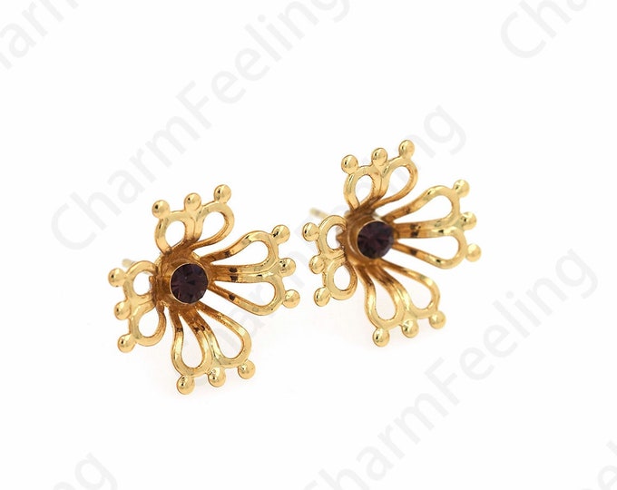 18K Gold Filled Round Earrings, Micropavé CZ Sunflower Charm, Flower Earrings, Bone Clip Earrings, DIY Jewelry Supplies, 17x17mm