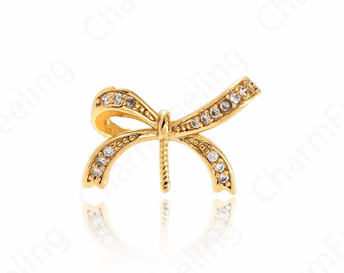 Bow Cap, 18K Gold Filled Bead Cap, Micro Pave CZ Bow Jewelry, Bow with Needle, DIY Beading Accessories, 10x15x5.5mm