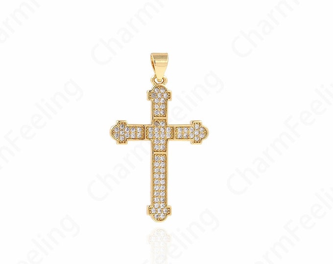 Micropavé CZ Religious Charm, Christian Pendant, Cross Necklace, 18K Gold Filled Cross Charm, DIY Jewelry Supplies, 30x20.5x2.5mm