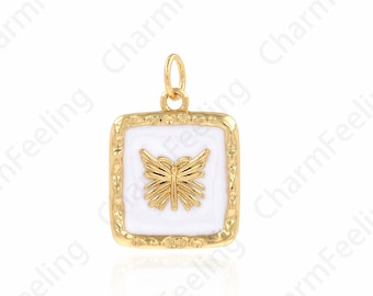 Square Pendant, Enamel Charm, 18K Gold Filled Butterfly Necklace, Butterfly Charm, DIY Jewelry Supplies, 14x21x2mm