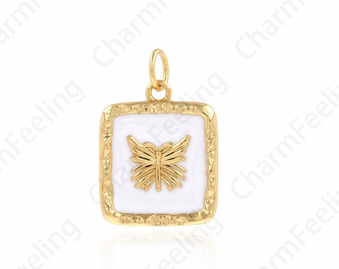 Square Pendant, Enamel Charm, 18K Gold Filled Butterfly Necklace, Butterfly Charm, DIY Jewelry Supplies, 14x21x2mm
