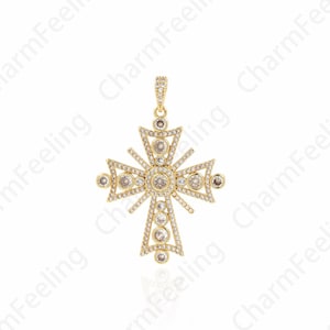 18K Gold Filled Christian Charm, Cross Pendant, Religious Charm, CZ Cross Necklace, DIY Jewelry Making Accessories 34.5x49.5x3.5mm