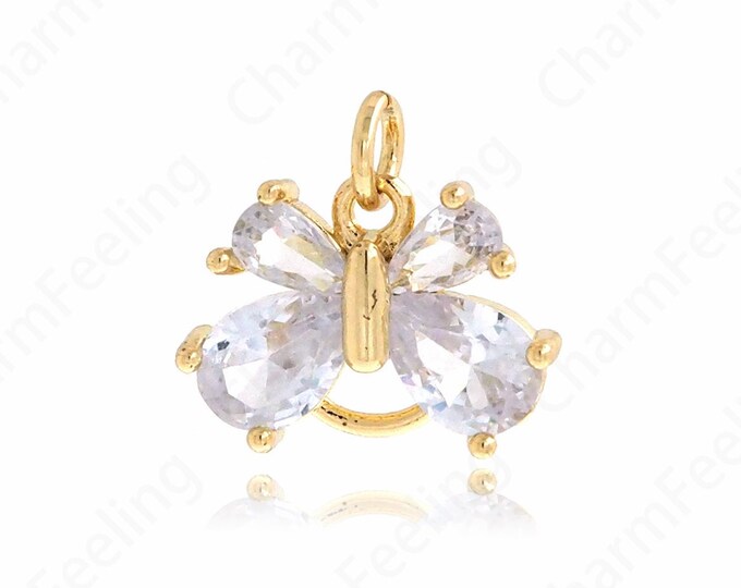 18K Filled Gold Butterfly Pendant, MicroPave CZ Butterfly, Butterfly Charm, Animal Charm, Necklace Earring Component Supplies 14x14.8x3.5mm