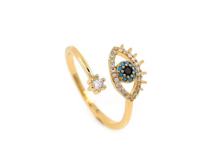 Micropavé CZ Eye ring, 18K Gold Filled Eye Ring, Gold Open Ring, Stackable Ring, Adjustable Ring, Thin Ring