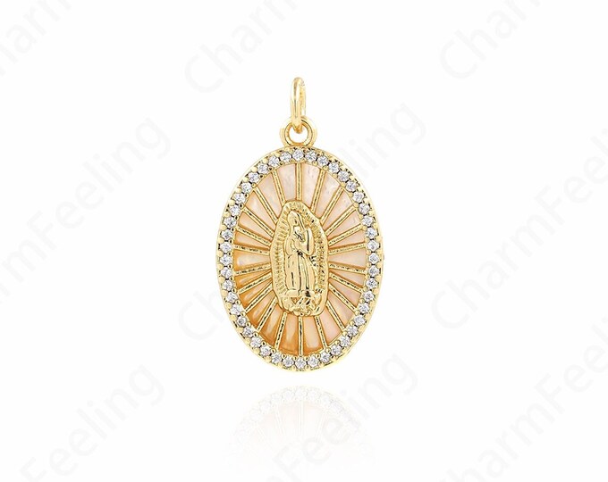 Catholic Charm, Our Lady Pendant, 18K Gold Filled Madonna Charm,Micropavé CZ Oval Maria Pendant, DIY Jewelry Supplies, 27x15x3mm