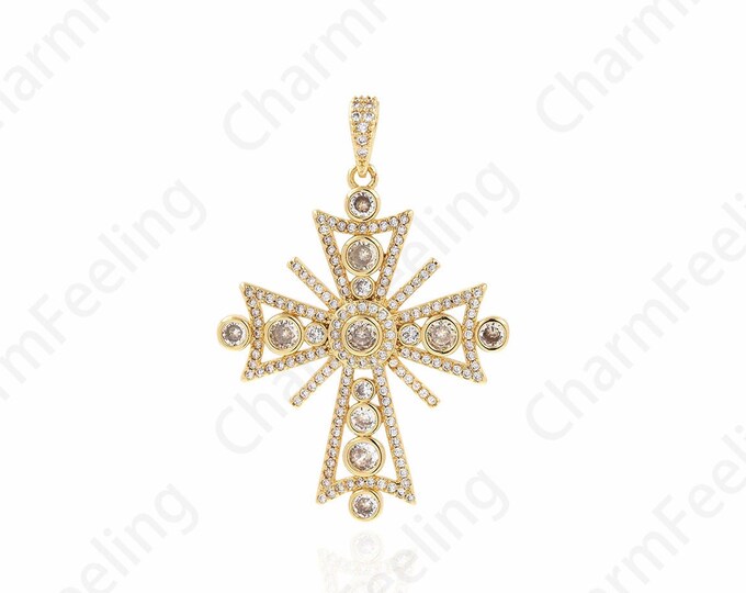 18K Gold Filled Christian Charm, Cross Pendant, Religious Charm, CZ Cross Necklace, DIY Jewelry Making Accessories 34.5x49.5x3.5mm