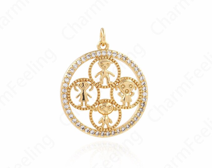 18K Gold Filled Boys Charm, Girls Pendant, Round Shell Charm,Micropavé CZ Kids Charm,DIY Jewelry Supplies, 22x17x4mm