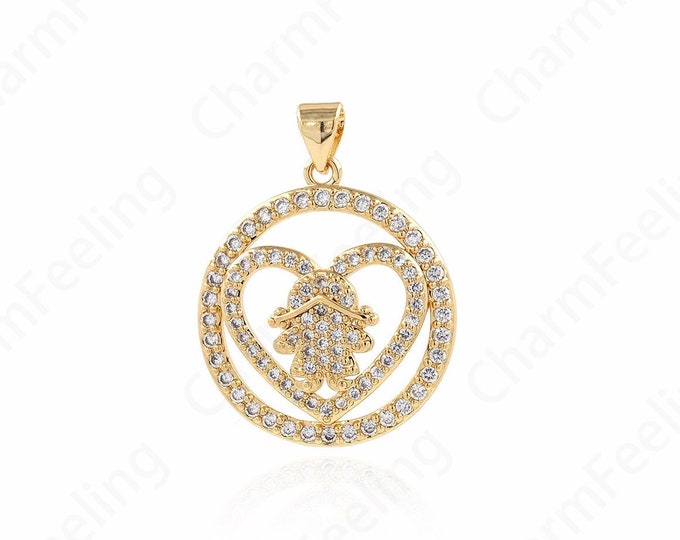 Girl Necklace, Heart Pendant, Micropavé CZ Love Charm, 18K Gold Filled Girl Charm, DIY Jewelry Supplies, 28x22x4.5mm