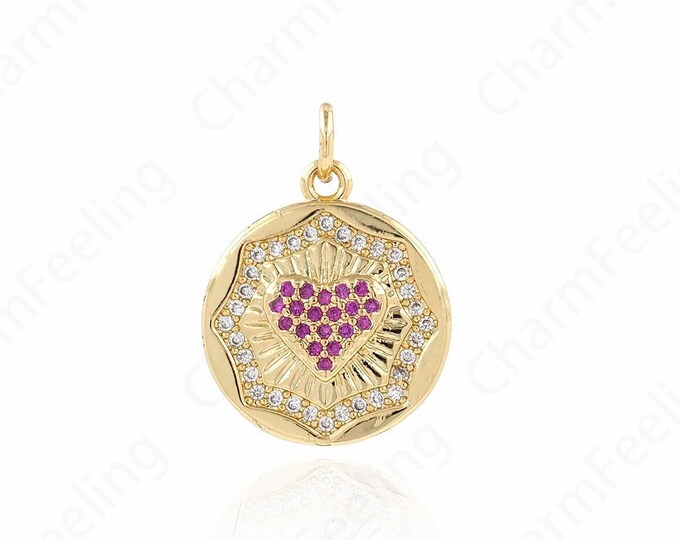 Micropavé CZ Round Pendant, 18K Gold Filled Heart Charm, Heart Necklace, Round Charm, Love Necklace, DIY Jewelry Supplies, 21x16x3mm