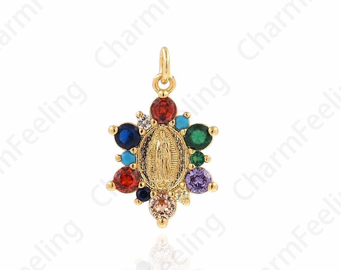 Micropavé Cubic Zirconia Strip Pendant, 18K Gold Filled Virgin Mary Pendant, Virgin Necklace, DIY Jewelry Components 14.7x23.7x3mm