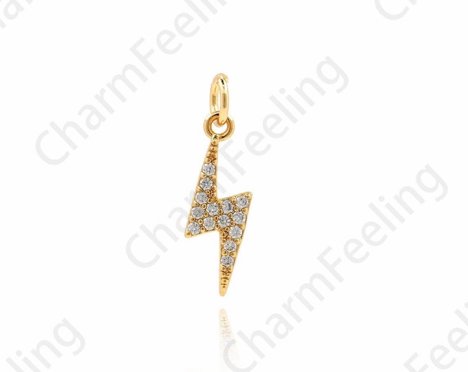 18K Gold Filled Lightning Pendant,Thunder charm，Micropave CZ Charms，Gold Thunder Pendant 16x4.5x1.3mm