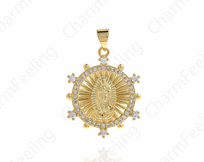Round Virgin Mary Medal Necklace,Micropavé CZ Virgin Mary Charm,18K Gold Filled Virgin Mary Charm DIY Jewelry Supplies,31x21.5x2.5mm
