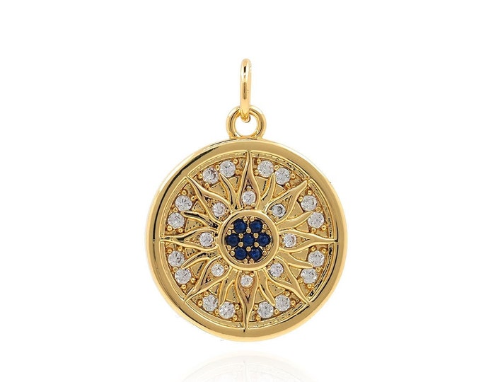 Round Sun Necklace, Sun Pendant, Micropavé CZ Sun Charm, 18K Gold Filled Sun Charm, Round Charm, DIY Jewelry Supplies, 22x16x2.5mm