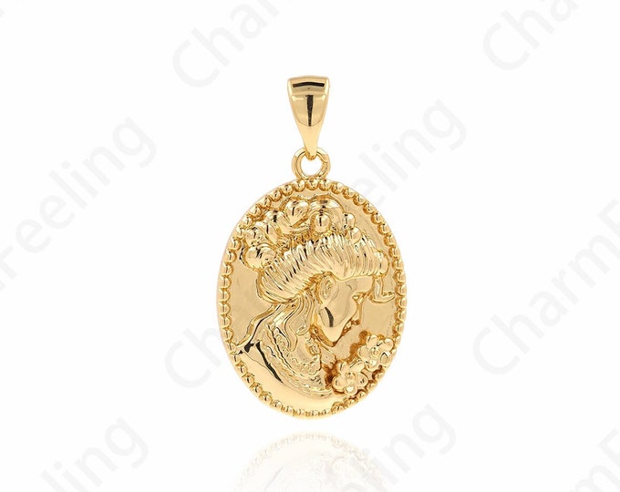Dainty Engraved Necklace, 18K Gold Filled Oval Charm, Vintage Charm, Figure Pendant, DIY Jewelry Supplies, 28x16x4mm
