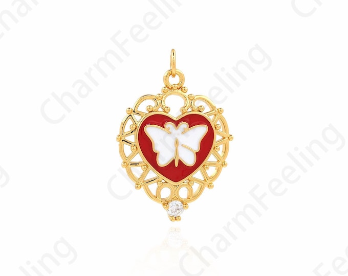 Enamel Heart Butterfly Pendant, Micropaved CZ Butterfly Necklace,Enamel Charm,18K Gold Filled Butterfly Charm,Heart-Shaped Charm,30x21x2.5mm