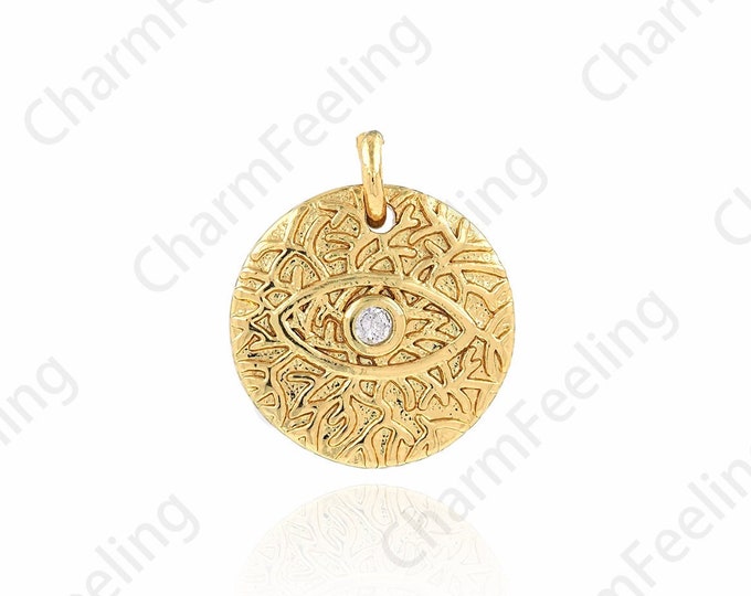 Coin Pendant, 18K Gold Filled Round Eye Pendant, Micropavé CZ Eye Necklace, Eye Charm,DIY Jewelry Accessories, 11.5x13.5x2mm