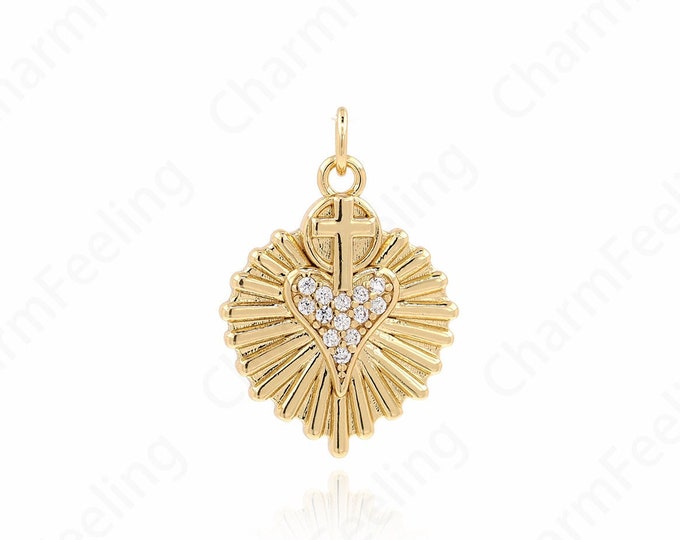 Round Charm, Micropavé CZ Round Pendant, 18K Gold Filled Heart Charm, Heart Necklace, Love Necklace, DIY Jewelry Supplies, 23.6x18x3mm
