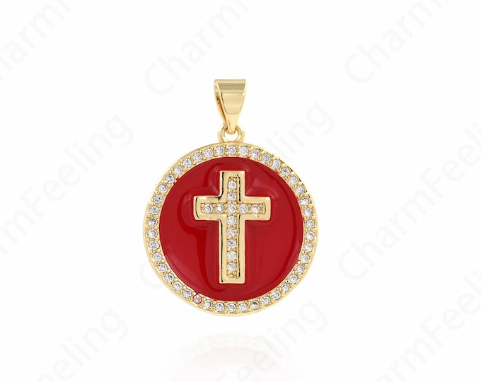 Cross Charm, Enamel Micro-Pavé Round Cross Pendant, Enamel Charm, Religious Charm, DIY Jewelry Making Accessories 26x20x2.5mm