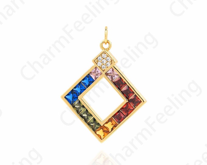 Square Necklace, Micropavé CZ Rectangular Pendant, 18K Gold Filled Hollow Charm, Used for DIY Jewelry Making Accessories, 31.5x24x2.3mm