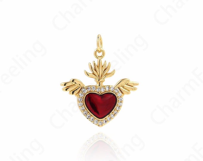Wings Heart Pendant, Heart-Shaped Charm, MicroPave CZ Heart Necklace, DIY Jewelry Making Supplies 25x21.5x2.3mm