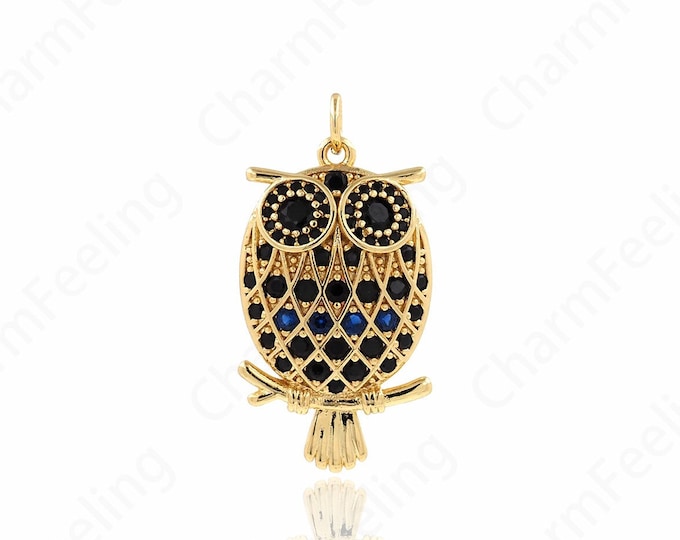 MicroPave CZ Owl Charm, 18K Gold Filled Owl Pendant, Bird Necklace, Flying Pendant, DIY Jewelry Supplies, 31x16x4mm