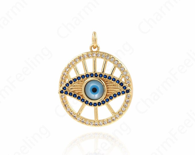 18K Gold Filled Eye Pendant,Round Eye Charm, Micropavé CZ Eye Charm,Round Necklace, DIY Jewelry Making Accessories,23x27x4mm