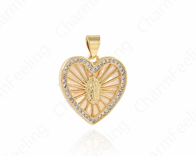 18K Gold Filled Heart-shaped Maria Necklace, Micropavé CZ Catholic Necklace, Virgin Mary Charm, DIY Jewelry Accessories, 23.5x18x2.5mm