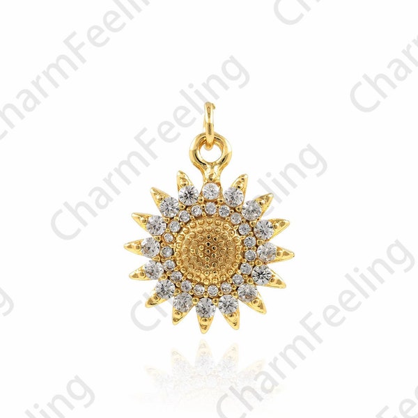 Micropavé CZ Sunshine Necklace, 18K Gold Filled Sun Pendant, Sun Burst Pendant,Sun Charm, DIY Jewelry Accessories,14.5x20x3mm