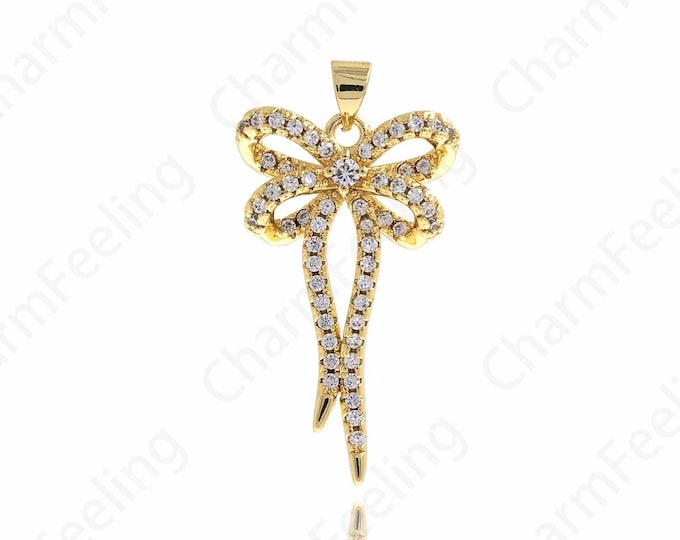 18K Gold Filled Bow Charm, Gold Bow Necklace, Bow Pendant,Zircon Knot Charm, DIY Jewelry Supplies, 36.7x19.5x5.6mm