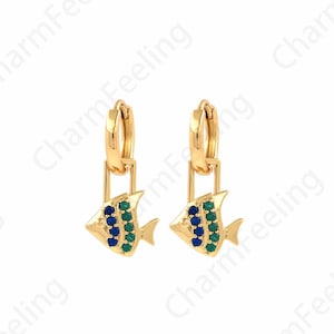 Orecchini di pesce, orecchini pendenti riempiti in oro 18K, orecchini di vita marina, orecchini pendenti MicroPave CZ, regalo per lei, forniture di gioielli fai-da-te, 24,5x2 mm