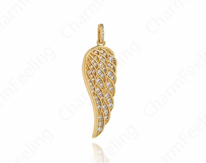 Micropavé CZ Flying Necklace, Wings Pendant, 18K Gold Filled Flying Charm, Wings Necklace, DIY Jewelry Supplies, 34.5x13x2.2mm