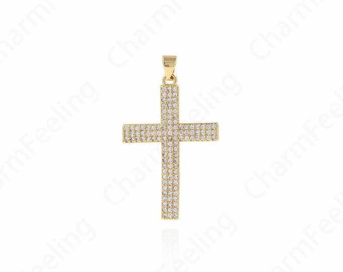 Christian Pendant, Cross Necklace, Micropavé CZ Religious Charm, 18K Gold Filled Cross Charm, DIY Jewelry Supplies, 40x23x2.5mm