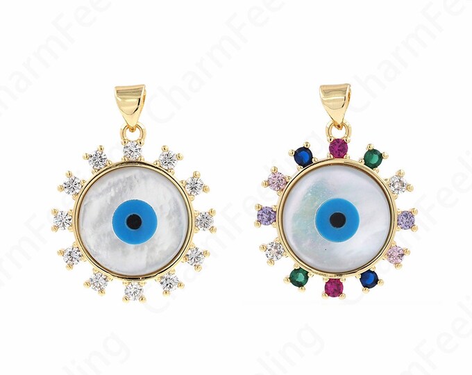 Eye Pendant, Micropavé CZ Enamel Eyes, 18K Gold Filled Round Eye Pendant, DIY Jewelry Accessories, 28.5x21.5x4mm