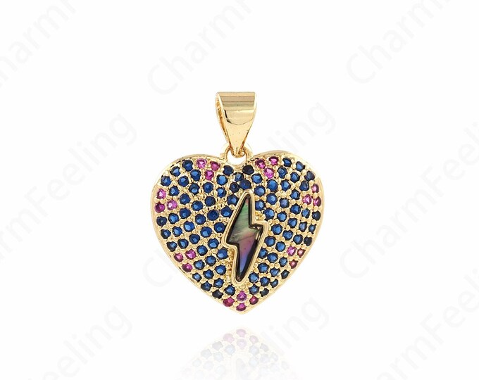Lightning Pendant, Micropavé CZ Heart Charm, Love Necklace, 18K Gold Filled Weather Charm, DIY Jewelry Supplies, 20x16x4mm