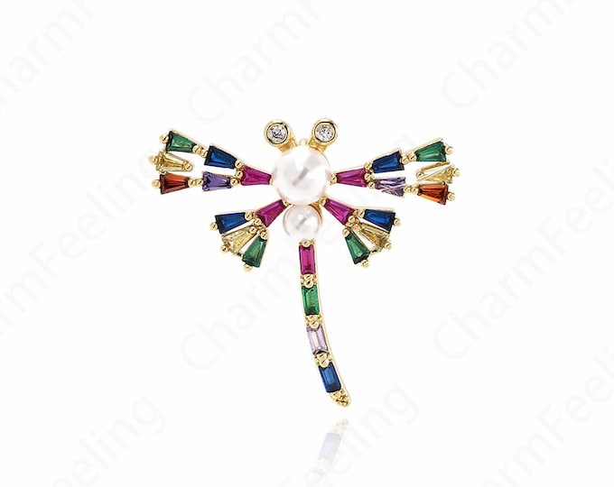 Insect Charm,Pearl Charm, 18K Gold Filled Wings Necklace, Micropavé CZ Dragonfly Pendant, DIY Jewelry Making Supplies,29.5x31x7.5mm