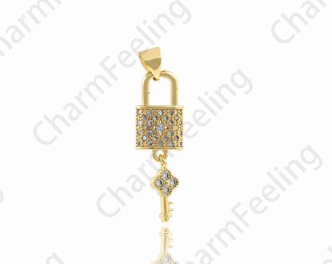 18K Gold Filling Lock Pendant, Lock Charm, Micropavé CZ Key Pendant, Key Charm, Suitable For DIY Jewelry Making Accessories, 9x32.5x2.8mm