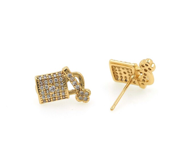 Geometric Earrings, Micropave CZ Gold Earrings, 18K Gold Filling Lock Earrings, Earring Jewelry, DIY Earring Accessories 12x10mm
